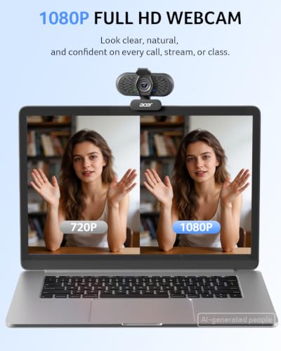 Acer 1080p Webcam USB Plug and Play Webcam for PC with Noise Cancellation Microphones Computer Camera for Desktop Streaming Gaming Online Meeting Wide Angle Privacy Cover A-to-C Adapter Easy Setup - color: Black