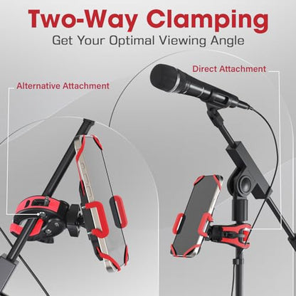 Crescendo CR-30 SlimClip Mic Stand Phone Holder, iPhone Clamp Mount, Pole Phone Mount, Microphone, Music or Drum Stand, Mic/Phone Clip - for iPhone, Samsung Galaxy, Pixel, Any Smartphone (Red) - color: Red