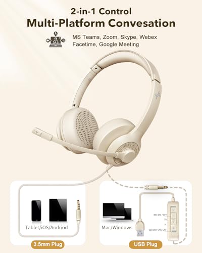 JIAMQISHI USB Headset with Microphone for PC, On-Ear Computer Laptop Headphones with Noise Cancelling Mic in-line Control for Home Office Online Class Zoom (USB+3.5mm, Apricot) - color: Apricot, style: USB+3.5mm