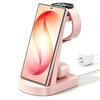 Wireless Charging Station for Samsung/Android, Fast Wireless Watch Charger Station Compatible for Samsung Galaxy S26 Ultra/S25/S24+/Z Flip 7/6 Fold 7/6, Watch8/7/Pro/Active 2 Galaxy Buds3/2 Pro(Pink) - color: Pink