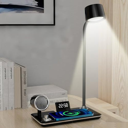 IHAO Smart LED Desk Lamp with Wireless Charger & Bluetooth Speaker, 15W Fast Charging Station for Phone & Earbuds Touch Control 3 Light Modes Alarm Clock Adjustable Eye-CareTable Lamp-HYT1772 Black - color: Table Lamp 4in1 with bluetooth speaker HYT1772 B