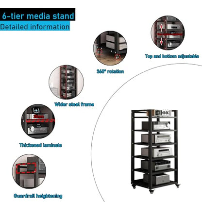 6 Tier Audio Rack Tower, CD Record Player Stereo Receiver AV Equipment Cabinet Display Rack, Weight Capacity 661 lbs, with Adjustable Wooden Shelves for Home (6 Tier Black) - size: 6 Tier Black