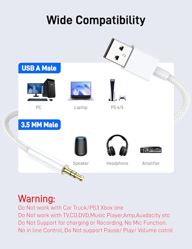 3FT USB to 3.5mm Audio Aux Cable 2 Pack, Nylon Braided USB Male to AUX Male Jack Adapter TRS Stereo Audio Cord for Headphones, PC, Laptop, Speaker, Windows Computer PS5 PS4 Mac OSX Desktops