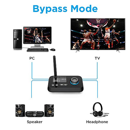 Bluetooth Transmitter Receiver 3-in-1 Bluetooth 5.0 Audio Adapter for 2 Headphones With Bypass Volume Control Low Latency Long Range LCD Display ON/OFF Optical AUX RCA for TV Home Stereo Speaker