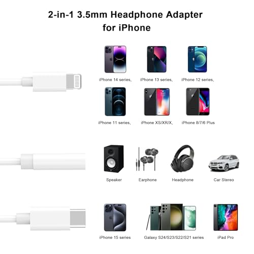 [Apple MFi Certified] Lightning/USB Type C to 3.5 mm Headphone Jack Adapter | 2-in-1 iPhone Headphone Adapter, iPhone Aux Adapter Converter Dongle Audio Cable for iPhone 17 16 15 14 13 12 11 XS XR X 8 7