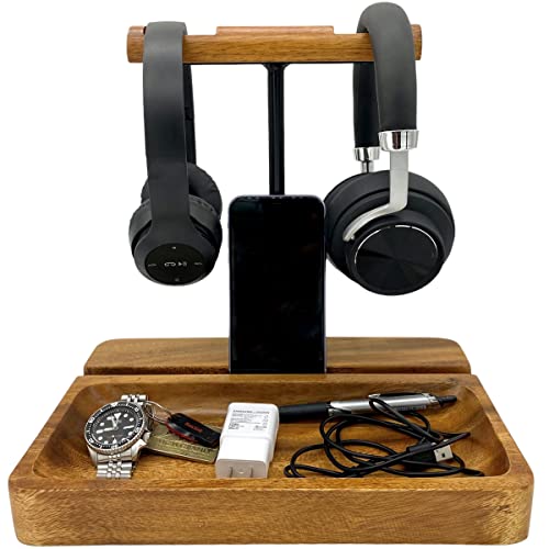 Dual Headphone Stand, Acacia Wood Holder for 2 Headsets, Phone & Tablet | Solid 1.5 in thick acacia wood dual headphone holder & device slot stand with tray for phone & tablet, office desk organizer - style: Dual Headphone Stand