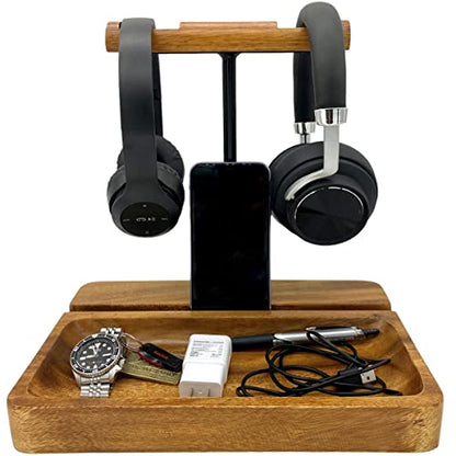 Dual Headphone Stand, Acacia Wood Holder for 2 Headsets, Phone & Tablet | Solid 1.5 in thick acacia wood dual headphone holder & device slot stand with tray for phone & tablet, office desk organizer - style: Dual Headphone Stand
