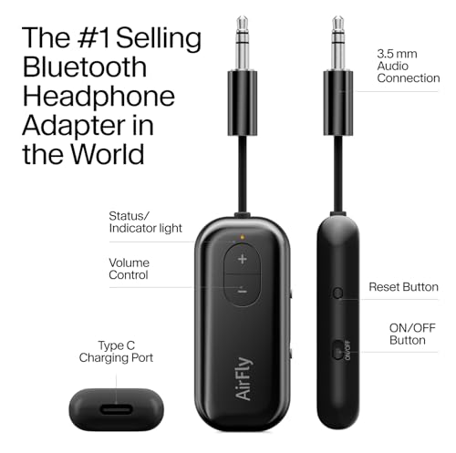 Twelve South AirFly SE, Bluetooth Wireless Audio Transmitter Adapter, Black | Bluetooth Adapter for AirPods/Headphones, 20+ Hr Battery, Works with 3.5mm aux Jacks on Airplanes, TVs, Gym Equipment, Travel - color: Black, style: AirFly SE
