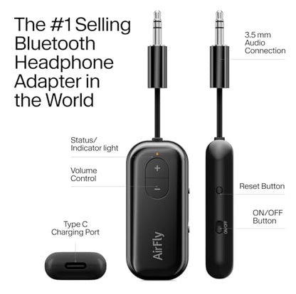 Twelve South AirFly SE, Bluetooth Wireless Audio Transmitter Adapter, Black | Bluetooth Adapter for AirPods/Headphones, 20+ Hr Battery, Works with 3.5mm aux Jacks on Airplanes, TVs, Gym Equipment, Travel - color: Black, style: AirFly SE