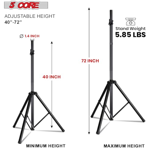 5 Core Speaker Stand Pair Universal Mount Steel Construction 132 Lb Capacity Stable Tripod w/Adjustable Height 72” w 35mm Compatible Insert Metal Safety Pin Included Bag - color: Black
