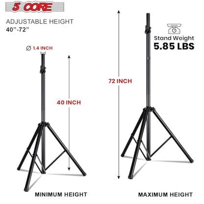 5 Core Speaker Stand Pair Universal Mount Steel Construction 132 Lb Capacity Stable Tripod w/Adjustable Height 72” w 35mm Compatible Insert Metal Safety Pin Included Bag - color: Black