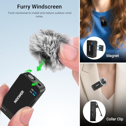 NEEWER CM26 Pro AI Wireless Microphone Compatible with iPhone Android Phone Camera PC, Lavalier Lapel Mic DSP/MCU Noise Cancellation Mute Gain Low Cut 48KHz/24Bit 88dB SNR 50H Battery 100m Range