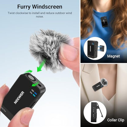 NEEWER CM26 Pro AI Wireless Microphone Compatible with iPhone Android Phone Camera PC, Lavalier Lapel Mic DSP/MCU Noise Cancellation Mute Gain Low Cut 48KHz/24Bit 88dB SNR 50H Battery 100m Range