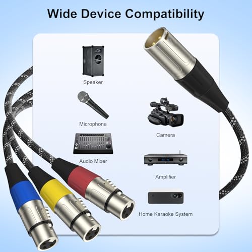 J&D XLR Splitter Cable, Gold Plated 3 Pin XLR 1 Male to 3 Female Adapter, Balanced Microphone Cord for Mixer, AMP, Limiter, Speaker and Recording Equipment, 1.6 Feet (Pack of 2) - size: 1.6 ft (Pack of 2)