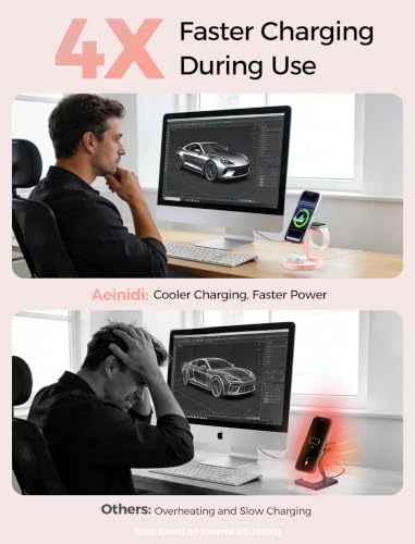 Aeinidi 2026 3 in 1 Wireless Charging Station Compatible with MagSafe, 15W Fast Magnetic Mag-Safe Charger Stand for Apple iPhone 17 16 15 14 13 12 iWatch AirPods Pro 4 3 2, Pink - color: Pink