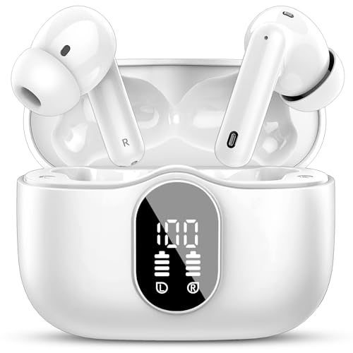 Wireless Earbuds, Bluetooth 5.4 Headphones Bass Stereo/Clear Calls, White | Ear Buds with Noise Cancelling Mic LED Display in Ear Earphones IP7 Waterproof 36H Bluetooth Earbuds for Phones/Sport/Laptop - color: White