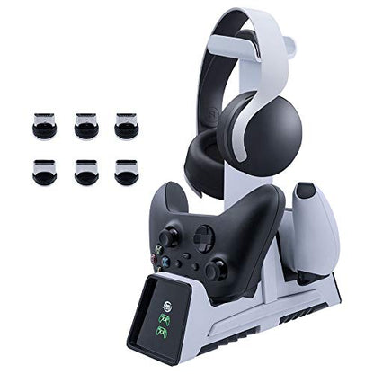 Mcbazel Dual Charging Station with Headset Holder for PS5, Fast Charging Dock with LED Indicator for PS5/ PS4/ Switch Pro/Switch2/ Xbox One/Xbox One Slim/Xbox Elite/Xbox Series X&S Controllers