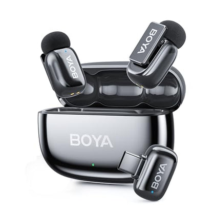BOYA Mini 2 USB Type-C Wireless Lavalier Microphone for Andriod iPhone15/16,Ultra Mini Lapel Mics,100M Range,30Hrs Battery Life,Noise Reduction Clip On Mic for TikTok YouTube(Space Gray) - style: Mini 2(USB-C Silver)