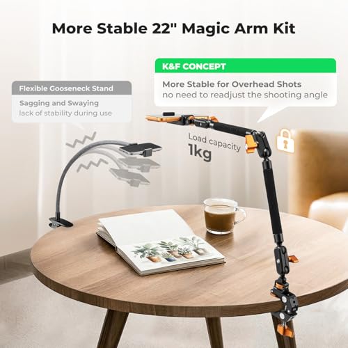 K&F CONCEPT 22" Magic Arm Clamp Kit, Overhead Desk Camera Mount, Long Articulating Friction Boom Arm for Phone, Action Camera, LED Light, Microphone | Long Articulating Friction Boom Arm for Phone, Action Camera, LED Light, Microphone, MS63