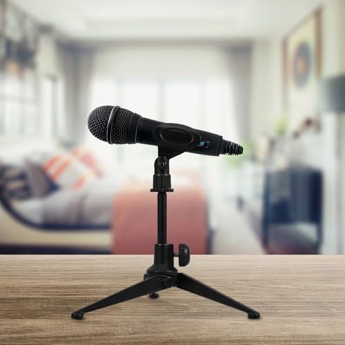 Beaupretty Universal Adjustable Tabletop Mic Stand, Black Zinc Alloy Foldable Tripod Microphone Holder for Home and Desktop Use
