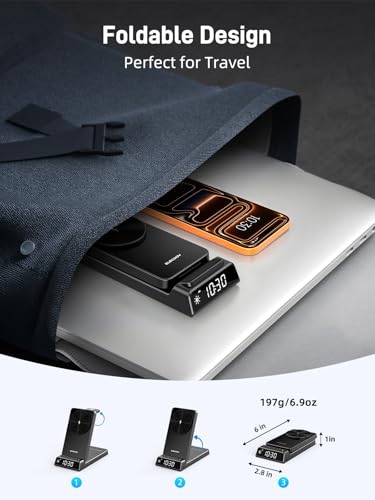 3 in 1 Charging Station for Apple,Travel Wireless Charger with Clock | ELECDOV Magnetic Charger for iPhone, Foldable Watch Charger Stand for iPhone 17/Air/16/15 Series, iWatch 10/AirPods 4 (Black) - color: Black