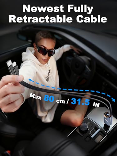 Bluetooth Car Adapter with Retractable Charger,[Upgrade] Bluetooth 5.4 FM Transmitter for Cars, 4 in 1 Fast Car Charger 69W, Handsfree Call, 2*Retractable Cable for iPhone 17/16/15/14, Galaxy-Gray - color: Gray