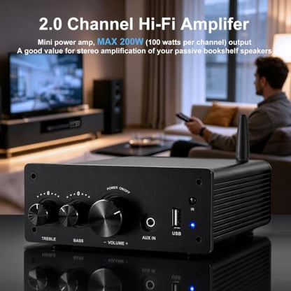 LONPOO 200W Mini Bluetooth Audio Amplifier Class D for Bookshelf Speaker | 2.0 Channel Integrated Amp, Optical Coaxial USB AUX Input, HiFi, 200W RMS (LP-615B) - color: 615-all Black