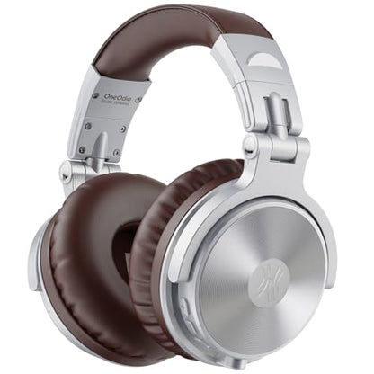 OneOdio Pro C Wired & Wireless Over-Ear Headphones, 110H, 50mm Drivers | Wired 3.5mm and wireless Bluetooth modes with 110H playtime, 50mm drivers and HD mic for PC, podcast and studio work - color: Silver