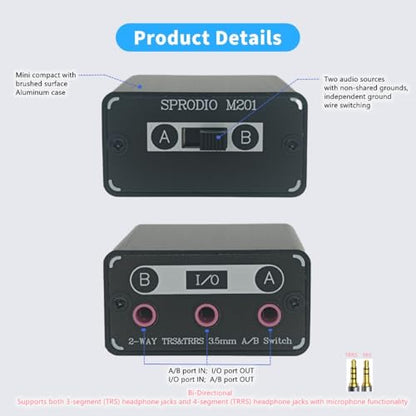 SPRODIO 2 Way in-line 3.5mm Audio Switch Box A/B Selector Switcher Compatible with 1/8" Microphone TRRS TRS Independent Ground no noise-M201