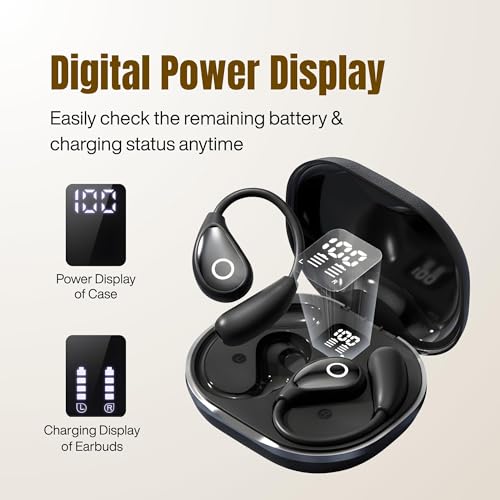 Wireless Earbuds with Earhooks, Open Ear Bluetooth 5.3 Headphones for Work & Running, 60H Playtime, LED Display, IPX5 Waterproof, USB-C Charging (Black) - color: Black