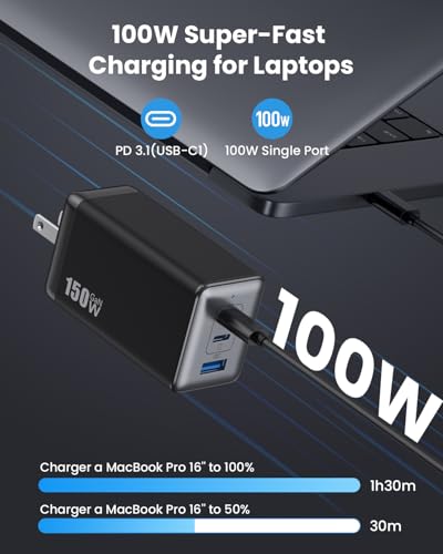 150W USB C Charger Block,GaN III Compact Foldable Wall Charger 3 Port Fast Charging Station,PD QC PPS Portable USB C Hub 100W Laptop Adapter for MacBook Pro/Air,iPad,iPhone 17/Pro,Galaxy S24,Dell etc - color: Black