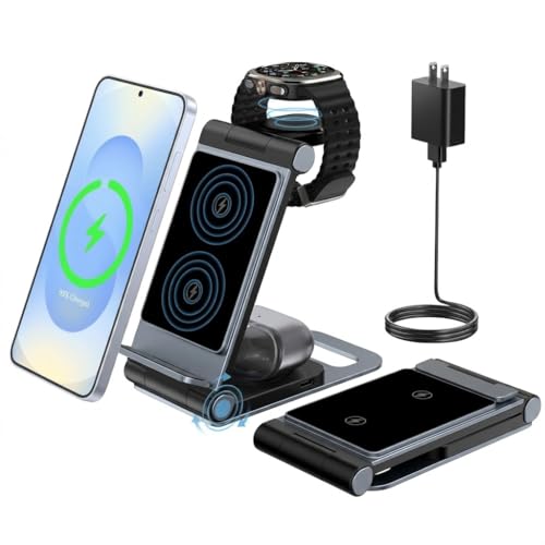 Wireless Charger for Samsung 3 in 1 Wireless Charging Station S/Z/Note | Foldable Stand for Galaxy S26 S25 Ultra Plus FE S24 S23 S22 S21 S20 Z Flip/Fold Note, Galaxy Watch 9/8/7/6/5/4/3, Galaxy Buds - color: Elegant Black