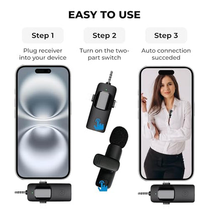 Wireless Lavalier Microphone 2.4G Dual Lapel Mic for iPhone Android Camera – Noise Cancelling Clip On Microphone for YouTube, TikTok, Vlogging, Video Recording