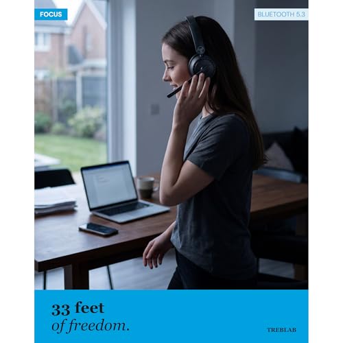 TREBLAB C7-Pro Wireless Bluetooth Headset, 60H Playtime, Bluetooth 5.3 | 40mm Drivers, Type-C Fast Charging, IPX4 Waterproof, Wireless Headset with Mic for Work, Home Office, Calls, Laptop, PC