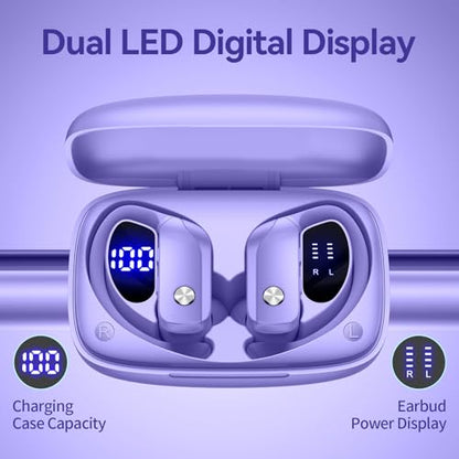 bmani Ear Buds Wireless Earbuds Bluetooth Headphones with 80H Playtime LED Display Case, Over-Ear Hook with Mic, Stereo Sound, Easy Button Controls, Sports Earphones for Running Workout Gym Purple - color: Purple, style: Standard