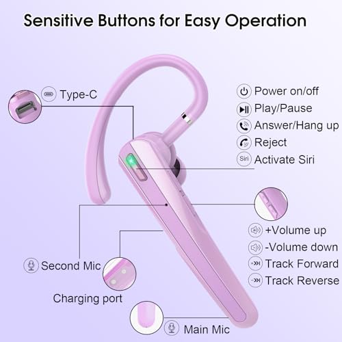Bluetooth Headset V5.3, Wireless Headset with ENC Noise Canceling Mic | 120Hrs Talk Single-Ear Bluetooth Earpiece, LED Display, IP7 Waterproof Hand-Free Earphone for Business/Trucker, Purple - color: Purple