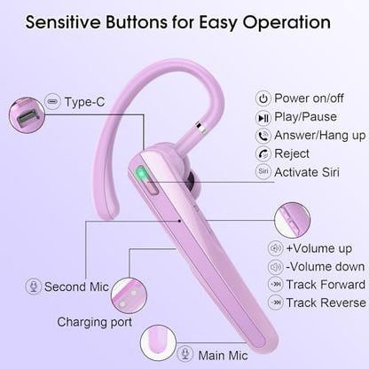 Bluetooth Headset V5.3, Wireless Headset with ENC Noise Canceling Mic | 120Hrs Talk Single-Ear Bluetooth Earpiece, LED Display, IP7 Waterproof Hand-Free Earphone for Business/Trucker, Purple - color: Purple
