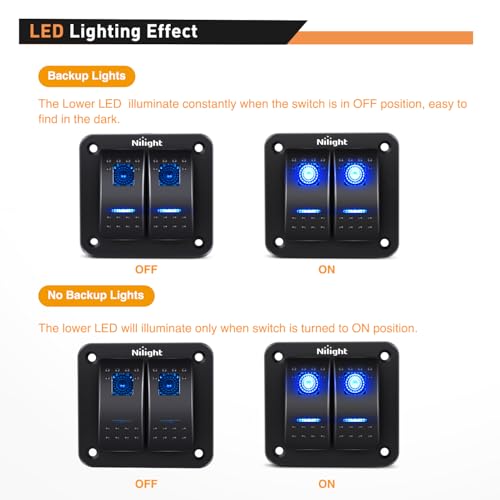 Nilight 90106B 2 Gang Rocker Switch Panel 5 Pin On Off Pre-Wired Rocker Switch Aluminum Panel Waterproof Switche Panel for 12V/24V Automotive Cars Marine Boats ATVs Trailers,2 Years Warranty , Blue - color: Blue, size: 2 Gang