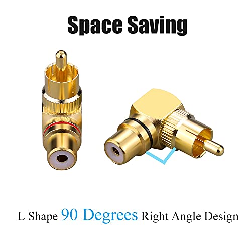 4 Pcs RCA 90 Degree Adapter Gold-Plated Right Angle RCA for Wall Mount TV | 90° Space-saver, Gold-plated resists corrosion, Heavy-duty with 360° grip ring, Fits DVD/TV/soundbar/AV, for wall TV & sub
