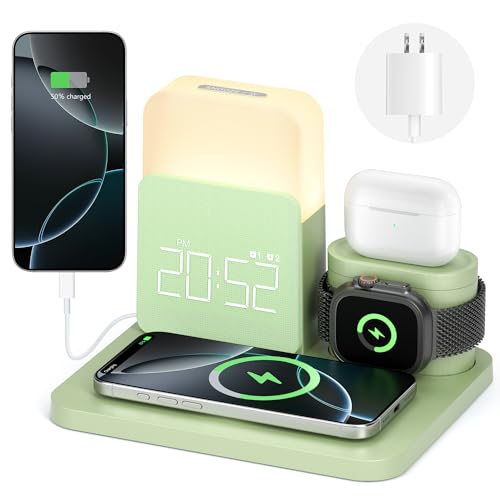 Wireless Charging Station, 7 in 1 Wireless Charger Stand with Dual Alarm Clock, Charging Dock for iPhone16/15/14/13/12/11/Pro/Max/Samsung Phone, Apple Watch 9/8/7/6/5/SE, AirPods/3/2