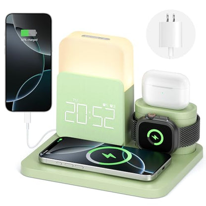 Wireless Charging Station, 7 in 1 Wireless Charger Stand with Dual Alarm Clock, Charging Dock for iPhone16/15/14/13/12/11/Pro/Max/Samsung Phone, Apple Watch 9/8/7/6/5/SE, AirPods/3/2