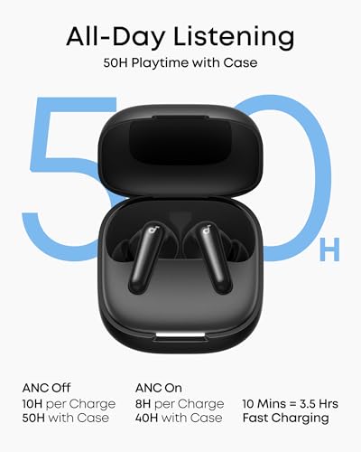 Soundcore P31i by Anker Translation Earbuds with Real-Time Adaptive ANC | Real-Time Adaptive Noise Cancelling, Hi-Res Sound, Translation Earbuds, 50H Playtime, Spatial Audio, Fast Charging, IP55 - color: Black