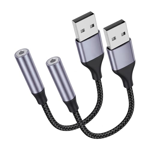 2 Pack USB to 3.5mm Jack Audio Adapter, External Sound Card, Mic-Supported USB to Aux Adapter Compatible with Headset, Laptop, PC, Linux, PS4, PS5 and More Devices