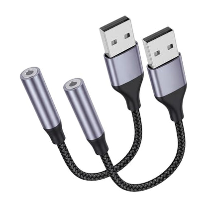 2 Pack USB to 3.5mm Jack Audio Adapter, External Sound Card, Mic-Supported USB to Aux Adapter Compatible with Headset, Laptop, PC, Linux, PS4, PS5 and More Devices