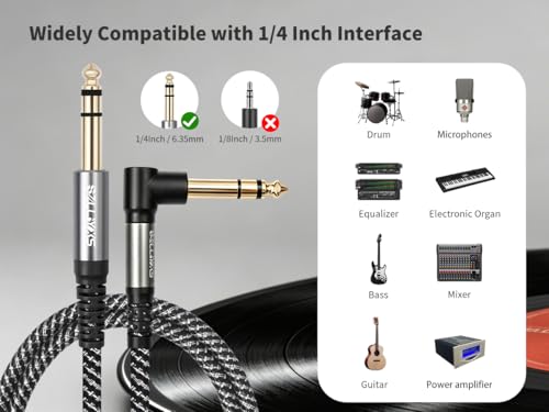 2-Pack 1/4 Inch TRS Instrument Cable,6Ft,6.35mm TRS to 6.35mm TRS Stereo Audio Cable Male to Male Right-Angle-to-Straight for Electric Guitar, Bass, Keyboard,Mixer,Amplifier,Speaker,Equalizer - color: 6Ft