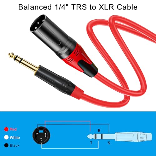 XLR Male to 1/4 (6.35mm) TRS Mono Jack Cable 10FT, 2 Pack, Red and Green, for Dynmic Microphone, Balanced 3 Pin XLR to TRS Plug Mic Cord, Plated Conductors - size: 10FT, style: XLR Male to 1/4"