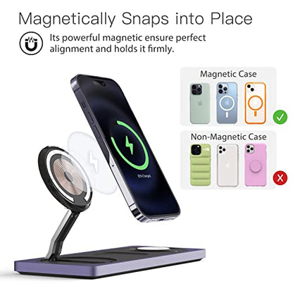 Mag-Safe Charger Stand, 3-in-1 Magnetic Wireless Charging Station for Apple Devices, iPhone 15/14/13/12 Series, Apple Watch, AirPods Pro (Purple) | For iPhone 17/Air/16/15/14/13/12, AirPods & Apple Watch, Foldable Portable Aluminum Charging Stand, Adapter