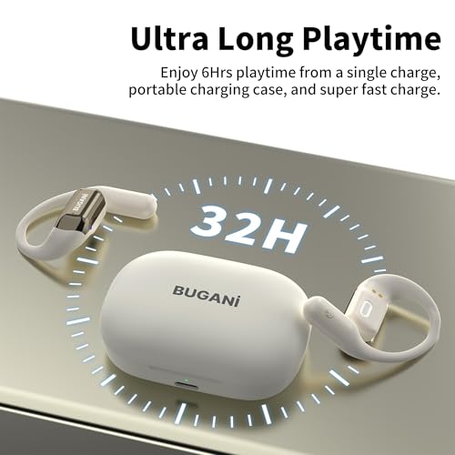BUGANI Open Ear Headphones, Bluetooth 5.2 Open Ear Earbuds with Microphone, ENC Clear Talk, Immersive Stereo Sound, Fast Charging, 32H Playtime, Waterproof, White