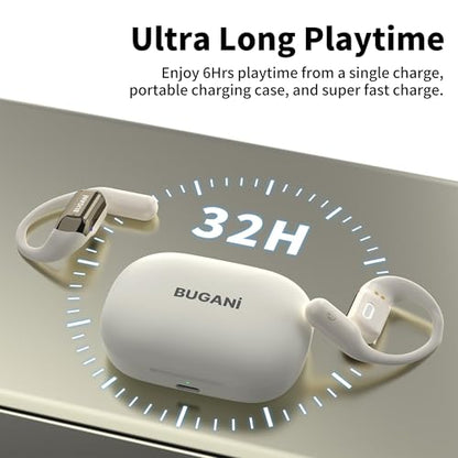 BUGANI Open Ear Headphones, Bluetooth 5.2 Open Ear Earbuds with Microphone, ENC Clear Talk, Immersive Stereo Sound, Fast Charging, 32H Playtime, Waterproof, White