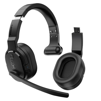 PHILIPS Trucker Bluetooth Headset, Wireless Headset with Noise-Canceling Microphone, 2-in-One Convertible Mono & Stereo Design Headphones, All Day Extended Playtime for Work, Home, Hands-Free Driving - color: Black